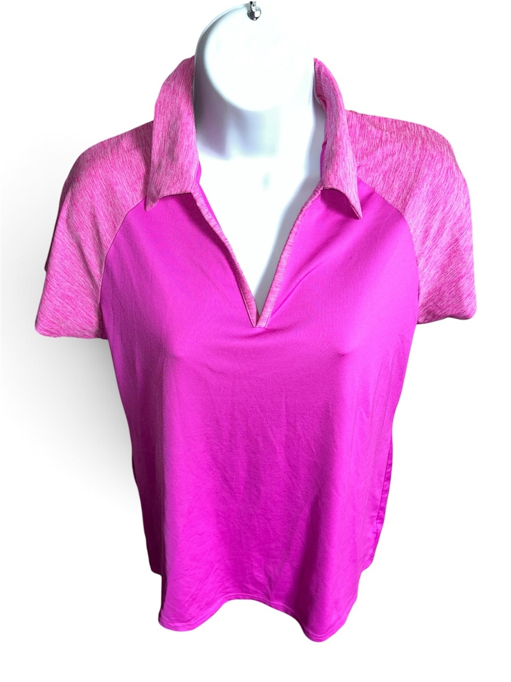 Antigua Women’s Desert Dry Gold Polo Shirt Pink Heather Open V Neck Medium